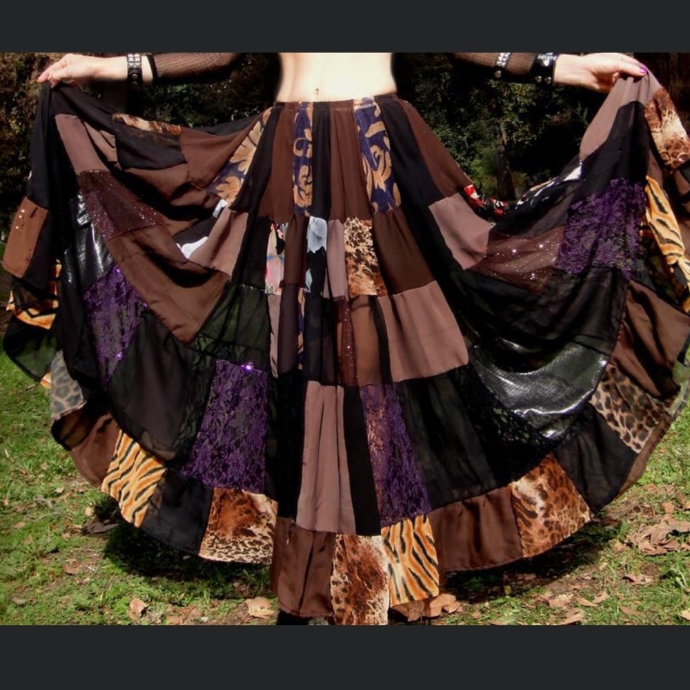 Brown Multicolor Patchwork Skirt, elastic waist. Size M New Ameynra design OOAK